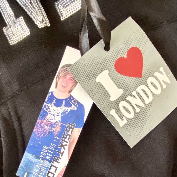 🇬🇧 I ❤️ London Hoodie Black Sequin Font & Union Jack Heart w/ Drawstring Sz S - Picture 4 of 9